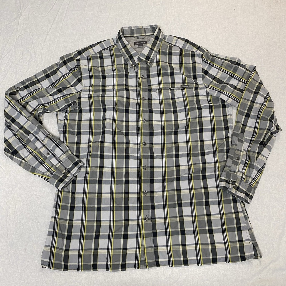 Eddie Bauer Plaid Button Up Shirt Mens XLT Tall Gray Yellow Long Sleeve